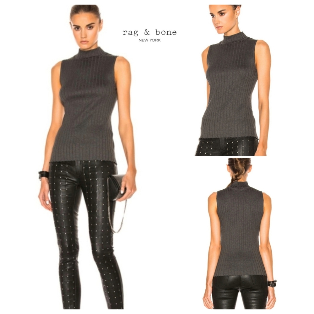 rag & bone/JEAN | Tri Rib Sleeveless Mock Neck Tank Top Charcoal Med
